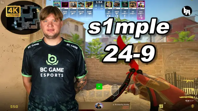 s1mple 🔥s1mple (24-9) 1.55 Rating 均分3300 荒漠迷城 POV | 2026.08.29 视频封面