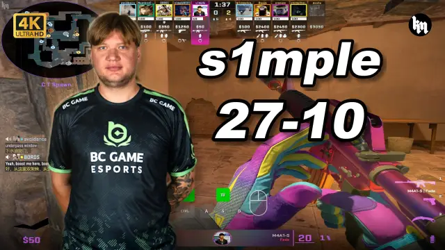 s1mple 🔥s1mple (27-10) 1.89 Rating 均分3300 荒漠迷城 POV | 2026.08.31 视频封面